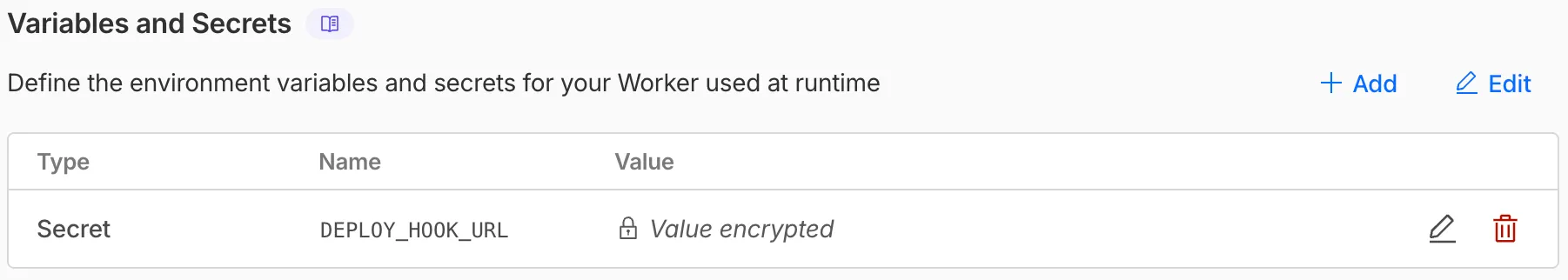 Cloudflare Worker Variables and Secrets: table with one Secret named DEPLOY_HOOK_URL and an encrypted value