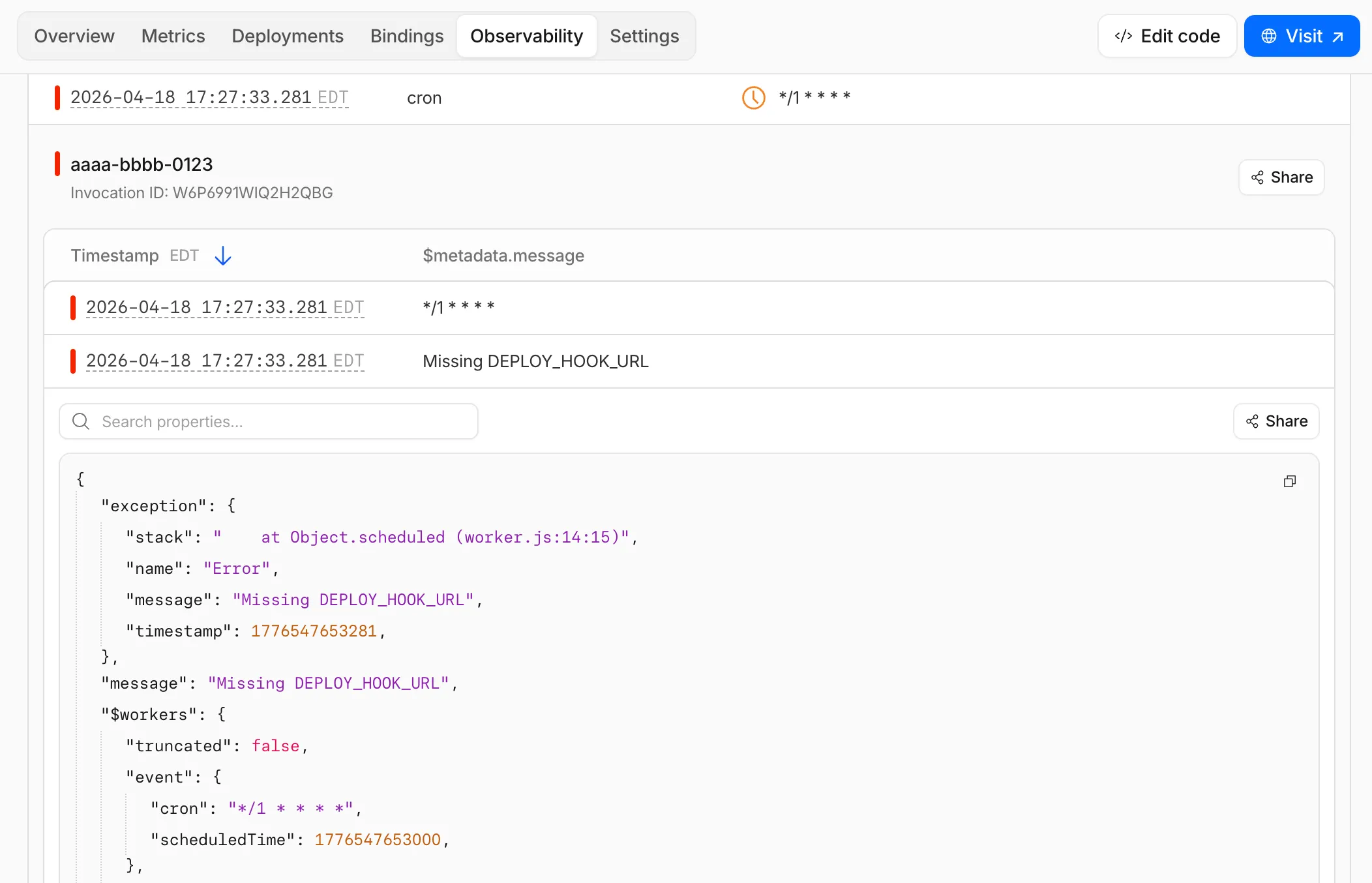 Cloudflare Worker Observability: log detail for a cron invocation showing timestamps, a Missing DEPLOY_HOOK_URL error in the log table, and JSON exception details