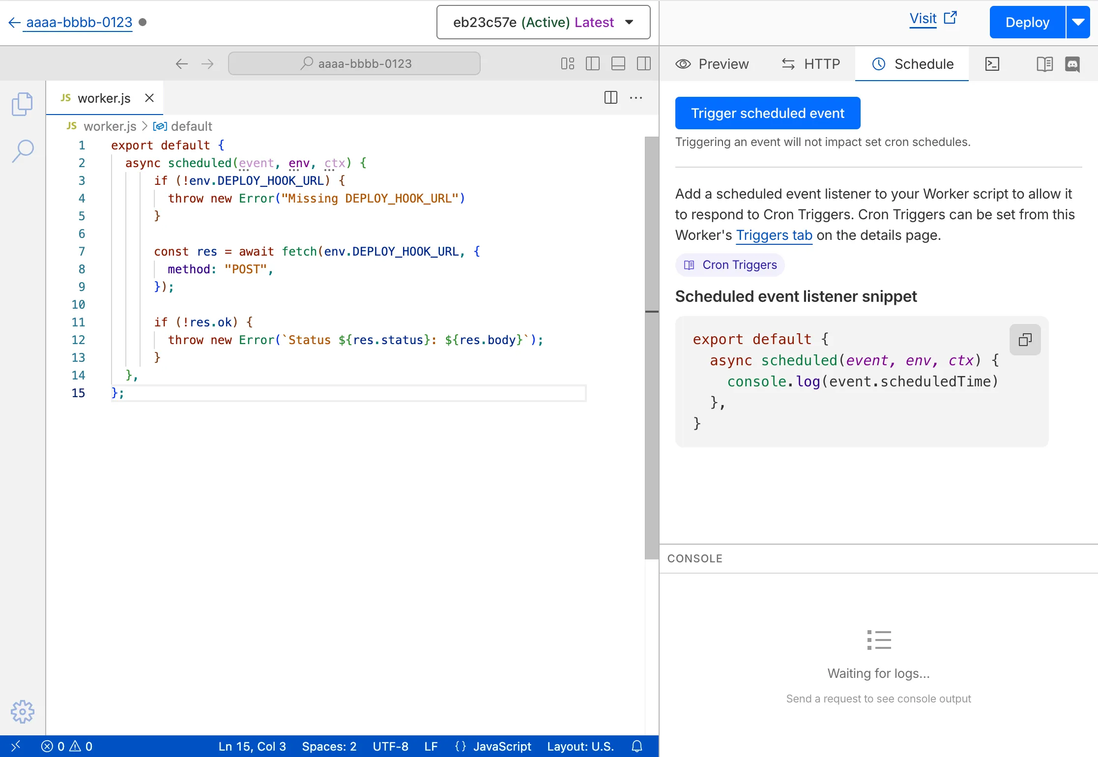 Cloudflare Workers editor: worker.js with the scheduled handler, Schedule side panel with "Trigger scheduled event," and console area waiting for logs